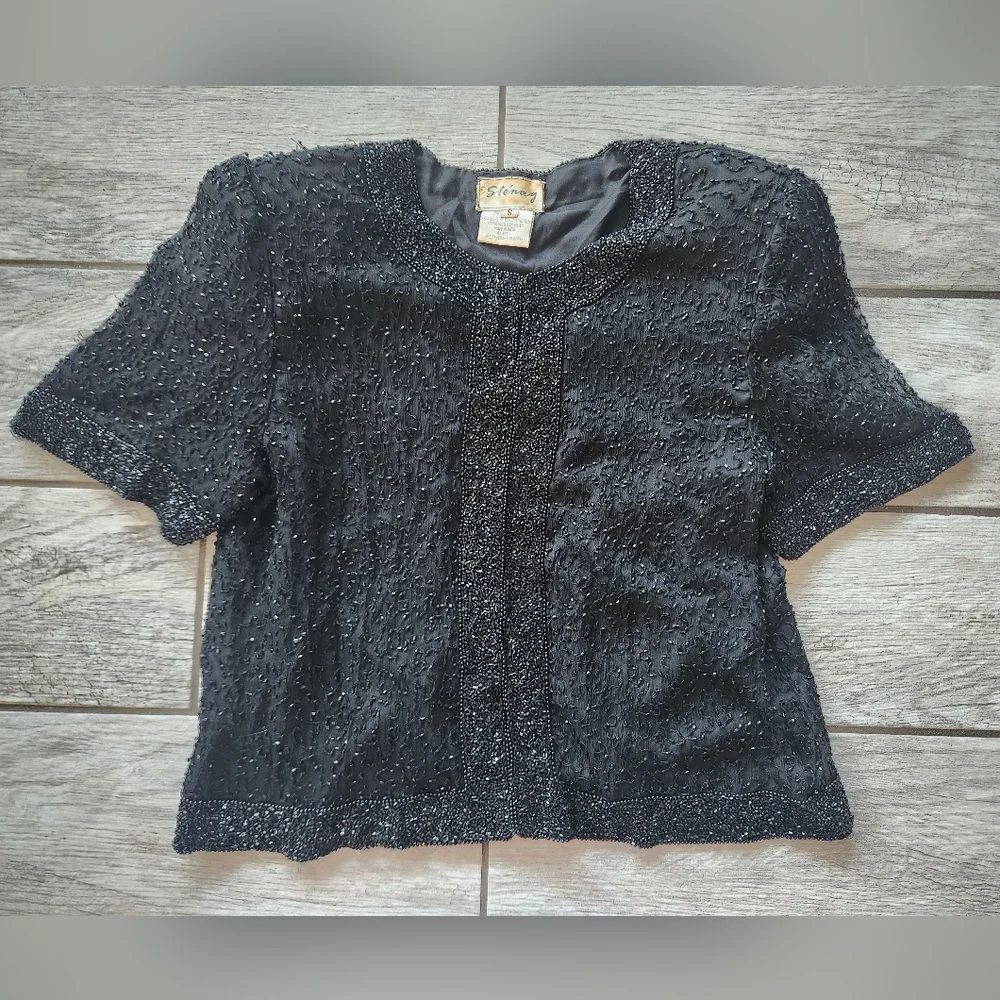 Vintage Stenay Women's Silk Sequin Beaded Blazer Black Small Lined Jacket Swifty